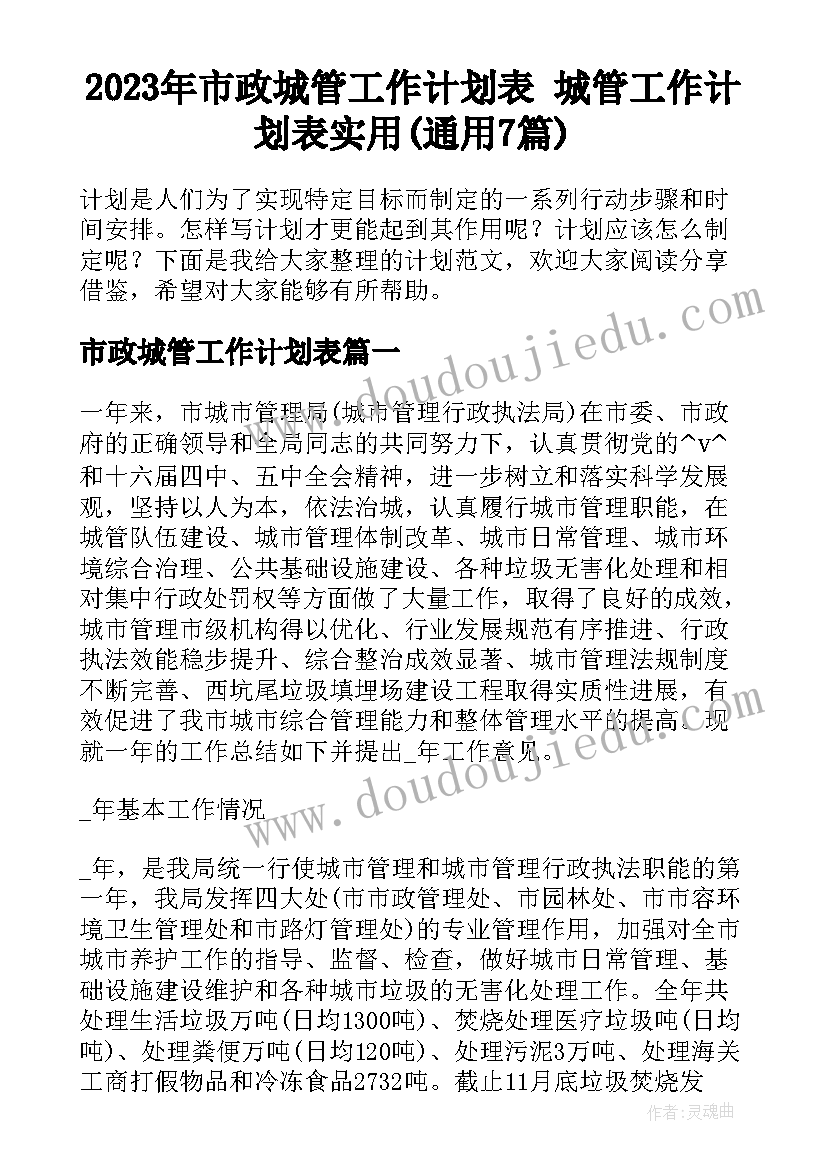 2023年市政城管工作计划表 城管工作计划表实用(通用7篇)