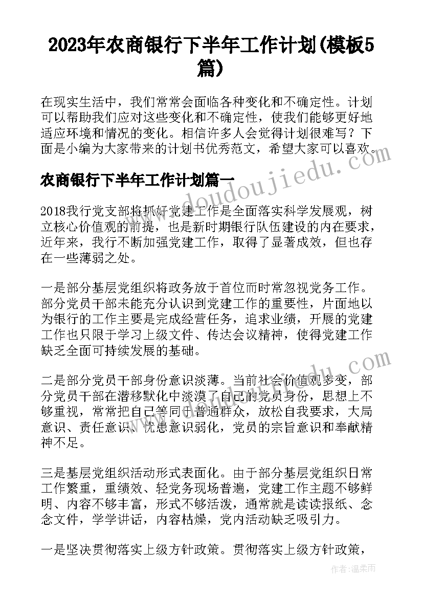 2023年农商银行下半年工作计划(模板5篇)