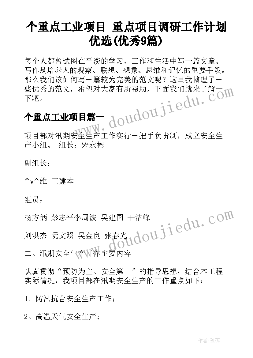 个重点工业项目 重点项目调研工作计划优选(优秀9篇)