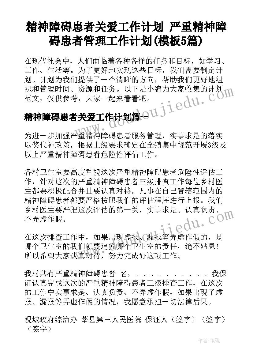 精神障碍患者关爱工作计划 严重精神障碍患者管理工作计划(模板5篇)