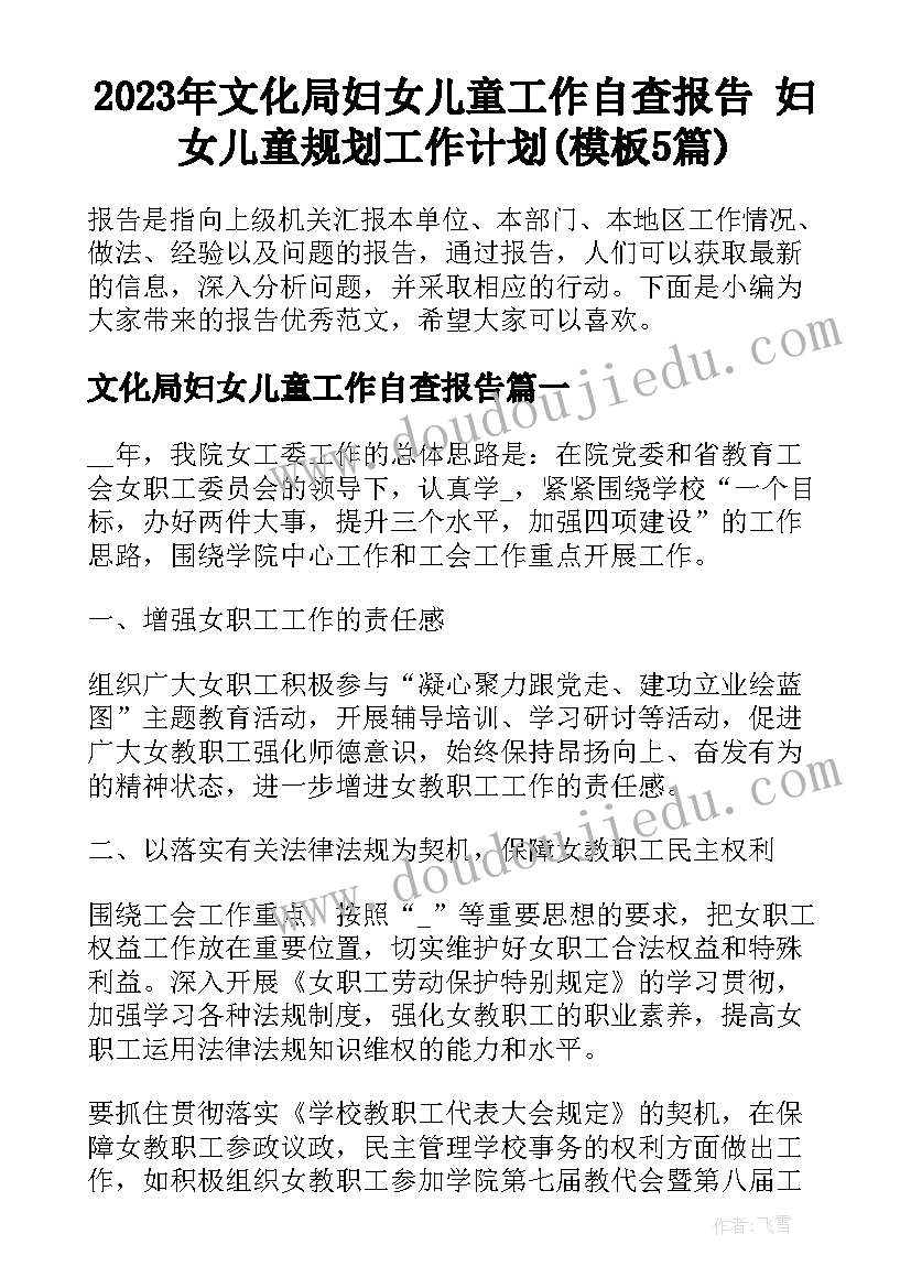 2023年文化局妇女儿童工作自查报告 妇女儿童规划工作计划(模板5篇)