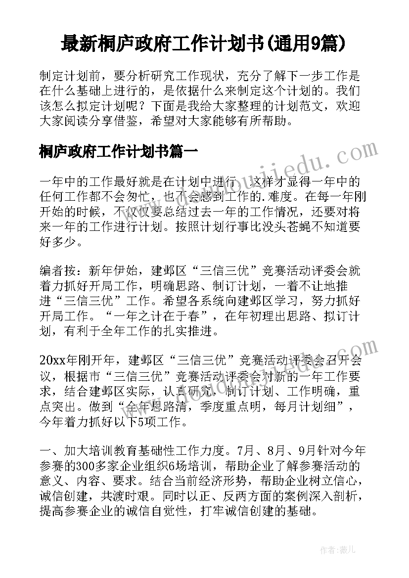 最新桐庐政府工作计划书(通用9篇)