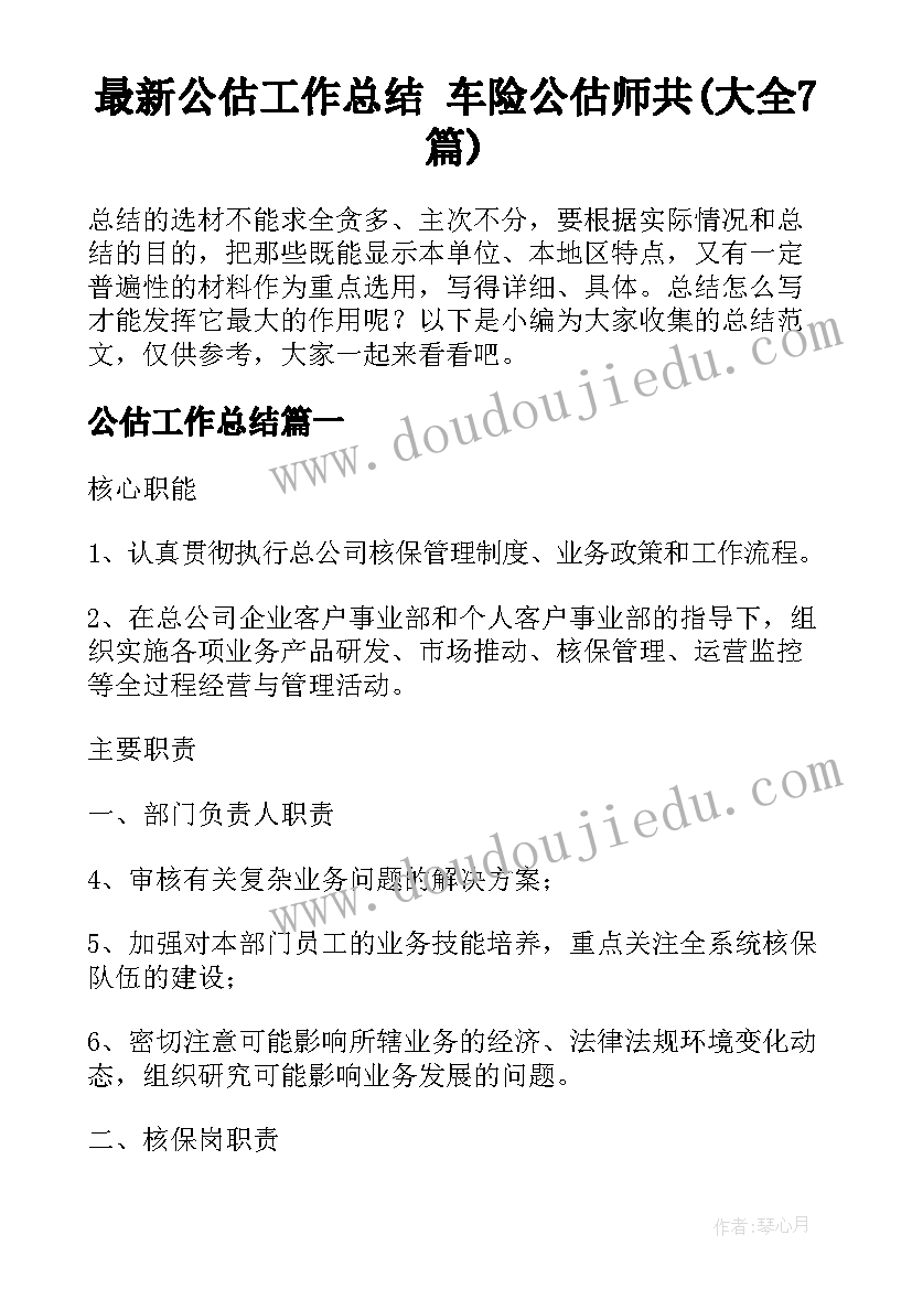 最新公估工作总结 车险公估师共(大全7篇)