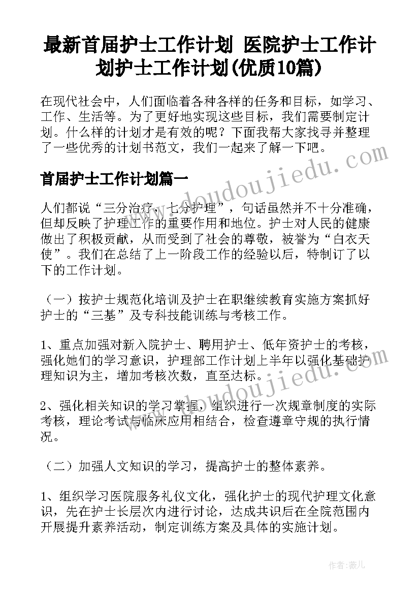 最新首届护士工作计划 医院护士工作计划护士工作计划(优质10篇)