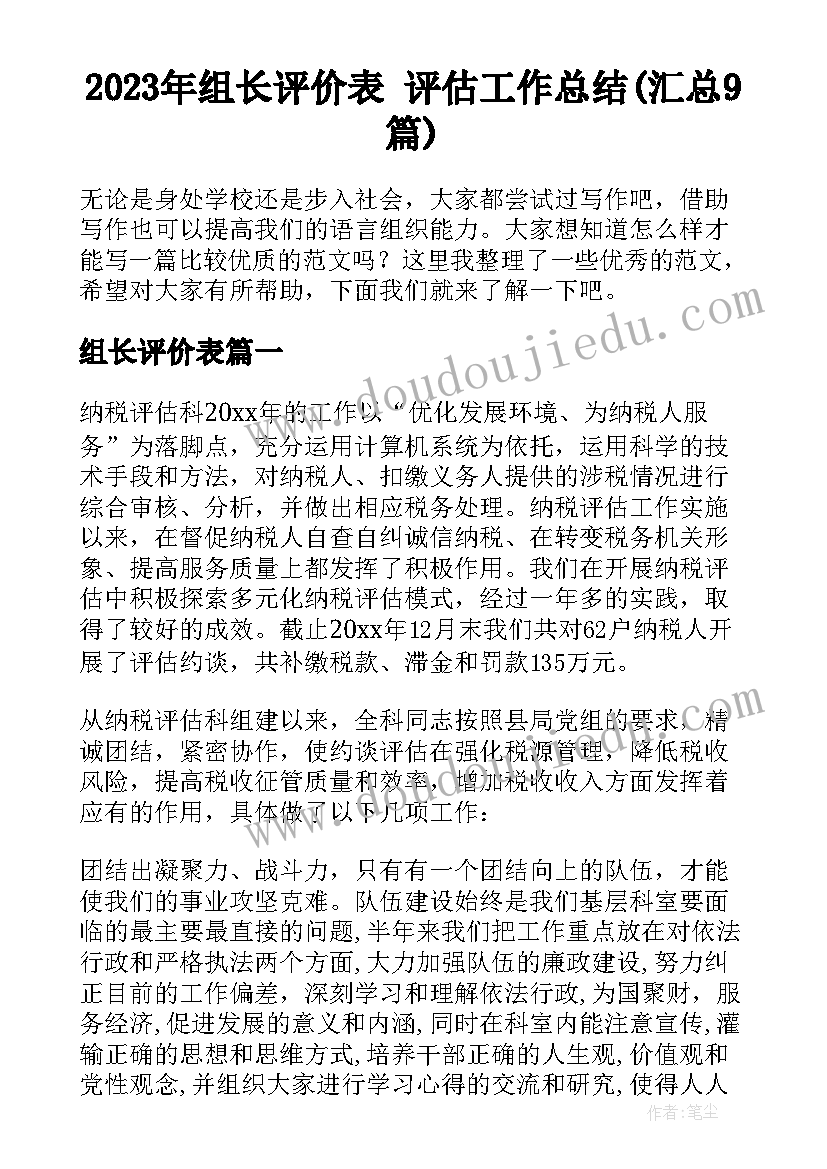 2023年组长评价表 评估工作总结(汇总9篇)