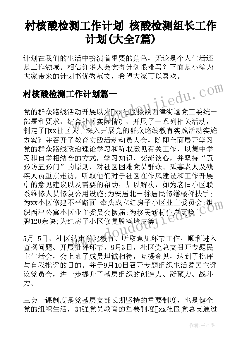 村核酸检测工作计划 核酸检测组长工作计划(大全7篇)