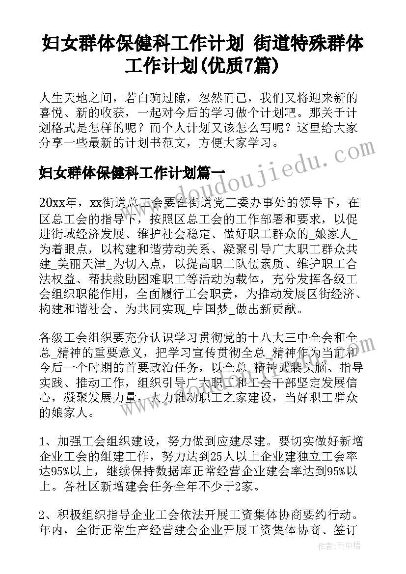 妇女群体保健科工作计划 街道特殊群体工作计划(优质7篇)