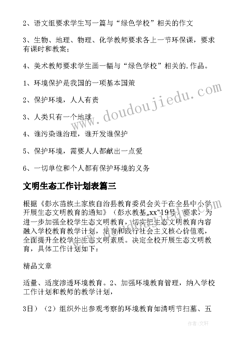 文明生态工作计划表 建生态文明班级工作计划热门(模板8篇)