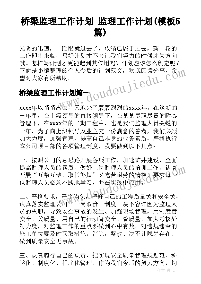 桥梁监理工作计划 监理工作计划(模板5篇)