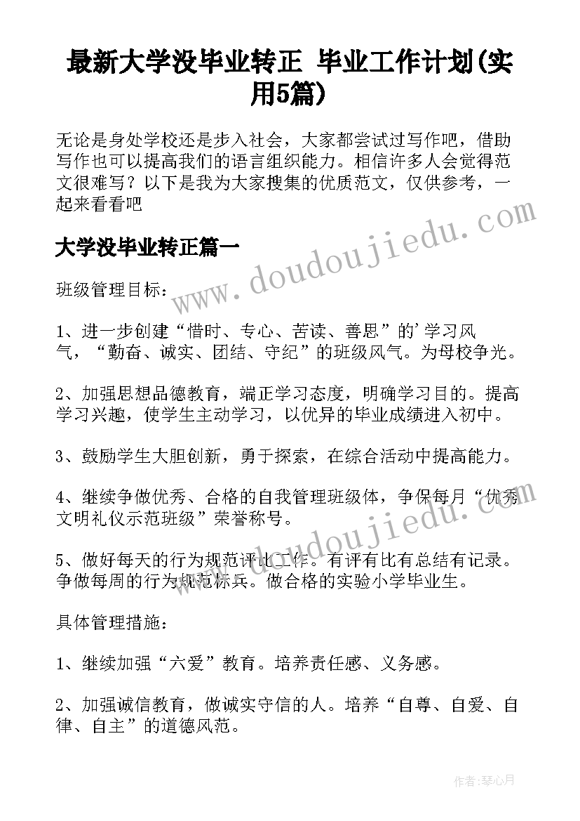 最新大学没毕业转正 毕业工作计划(实用5篇)