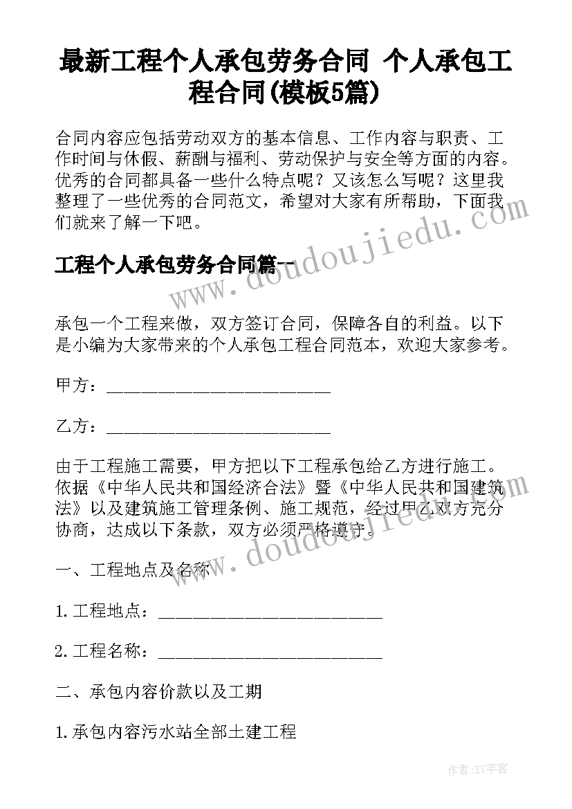 最新工程个人承包劳务合同 个人承包工程合同(模板5篇)