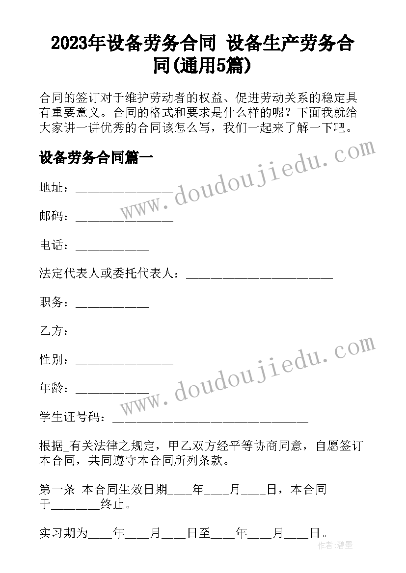 2023年设备劳务合同 设备生产劳务合同(通用5篇)