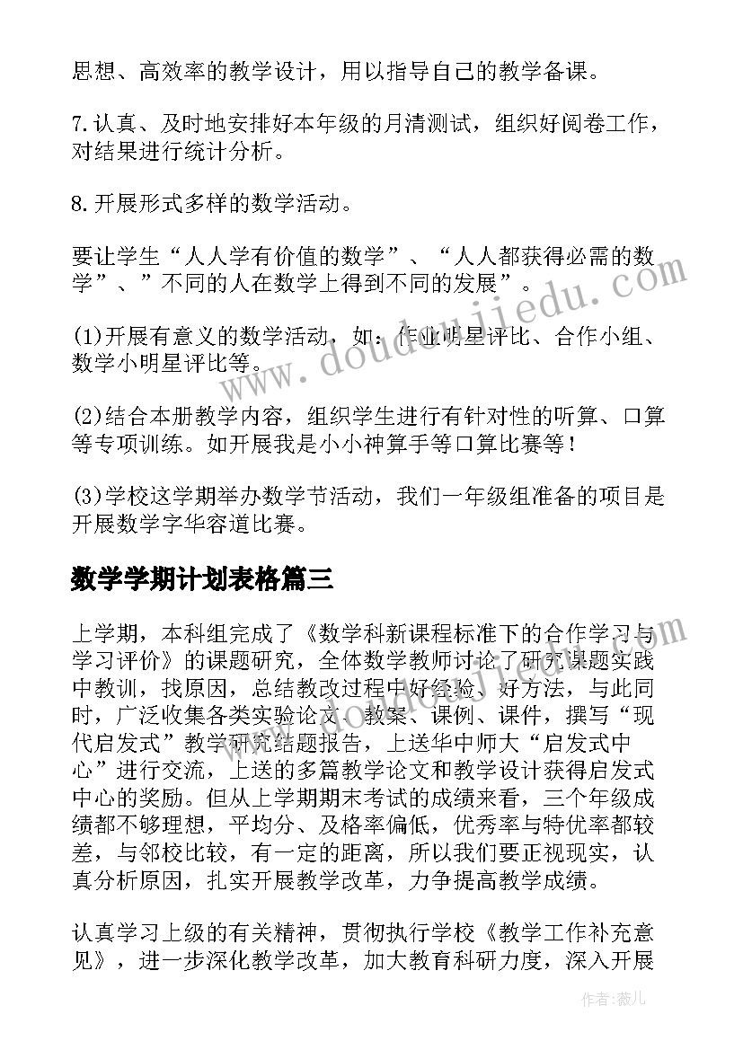 2023年数学学期计划表格 第一学期数学工作计划(精选8篇)