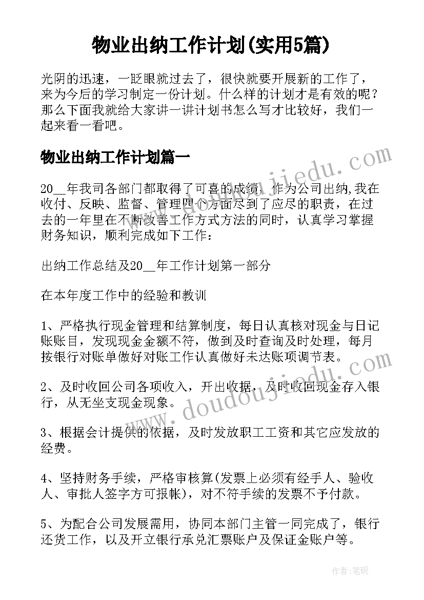 物业出纳工作计划(实用5篇)