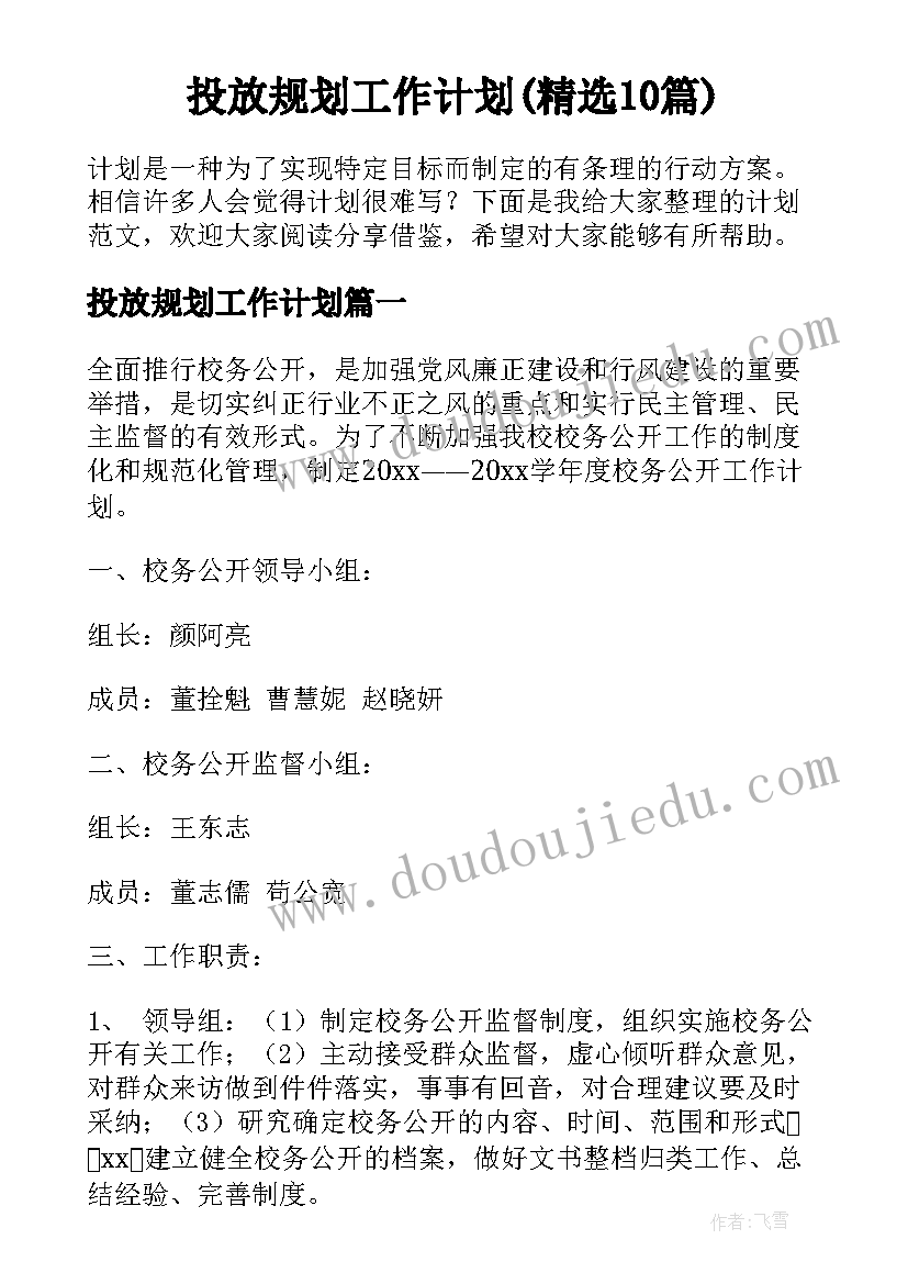 投放规划工作计划(精选10篇)