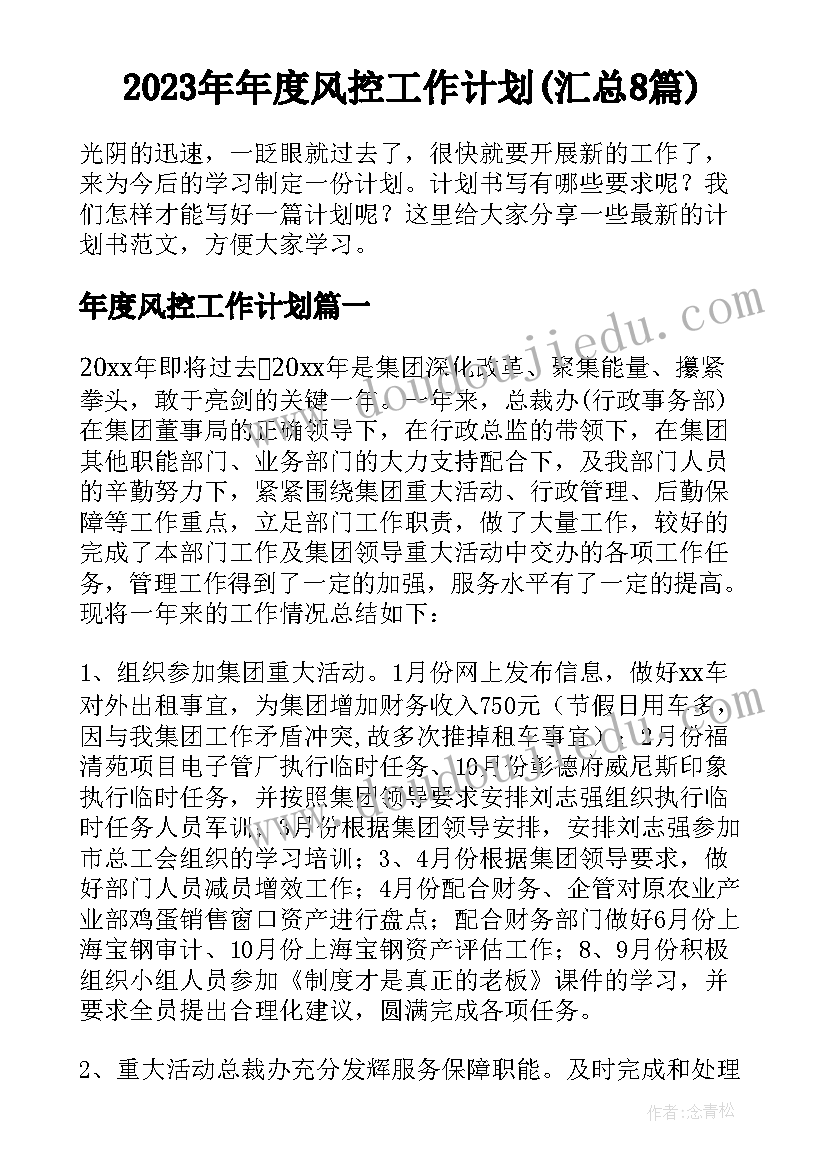 2023年年度风控工作计划(汇总8篇)