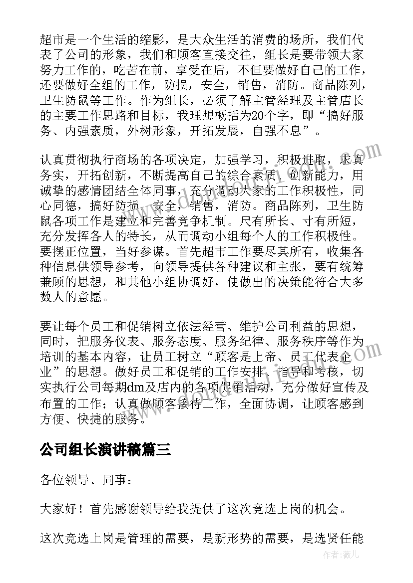 最新公司组长演讲稿 公司组长竞选演讲稿(精选5篇)