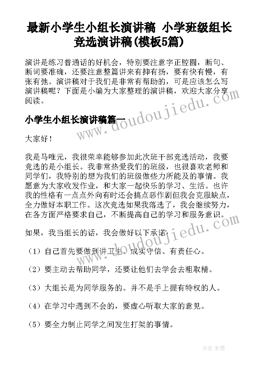 最新小学生小组长演讲稿 小学班级组长竞选演讲稿(模板5篇)