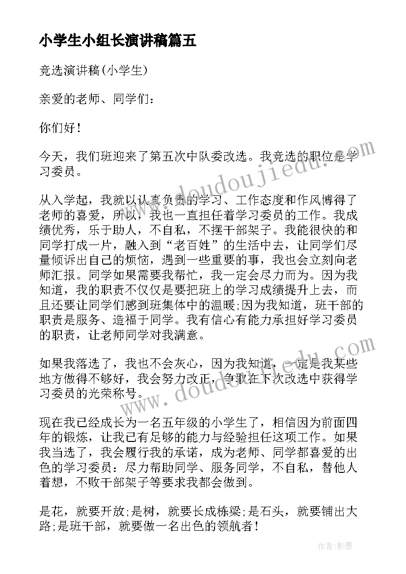 最新小学生小组长演讲稿 小学班级组长竞选演讲稿(模板5篇)