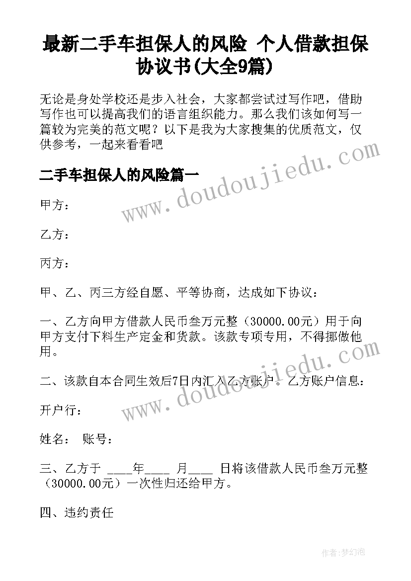 最新二手车担保人的风险 个人借款担保协议书(大全9篇)