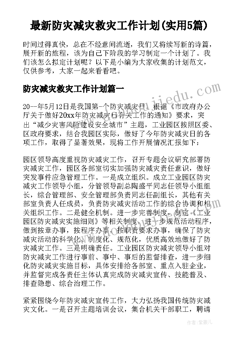 最新防灾减灾救灾工作计划(实用5篇)