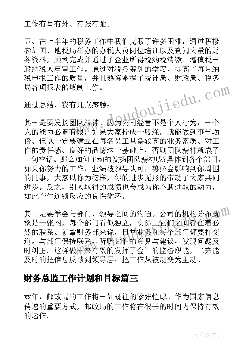 财务总监工作计划和目标 财务总监工作计划(精选7篇)