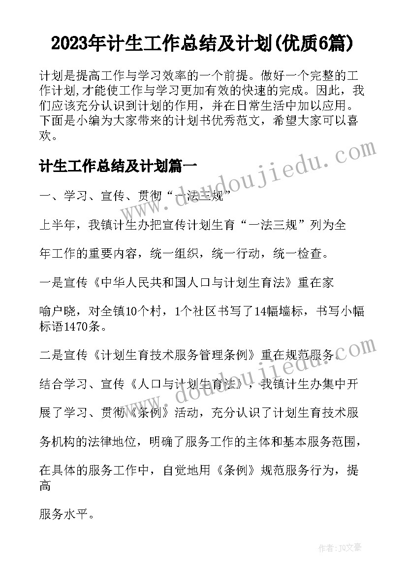 2023年计生工作总结及计划(优质6篇)