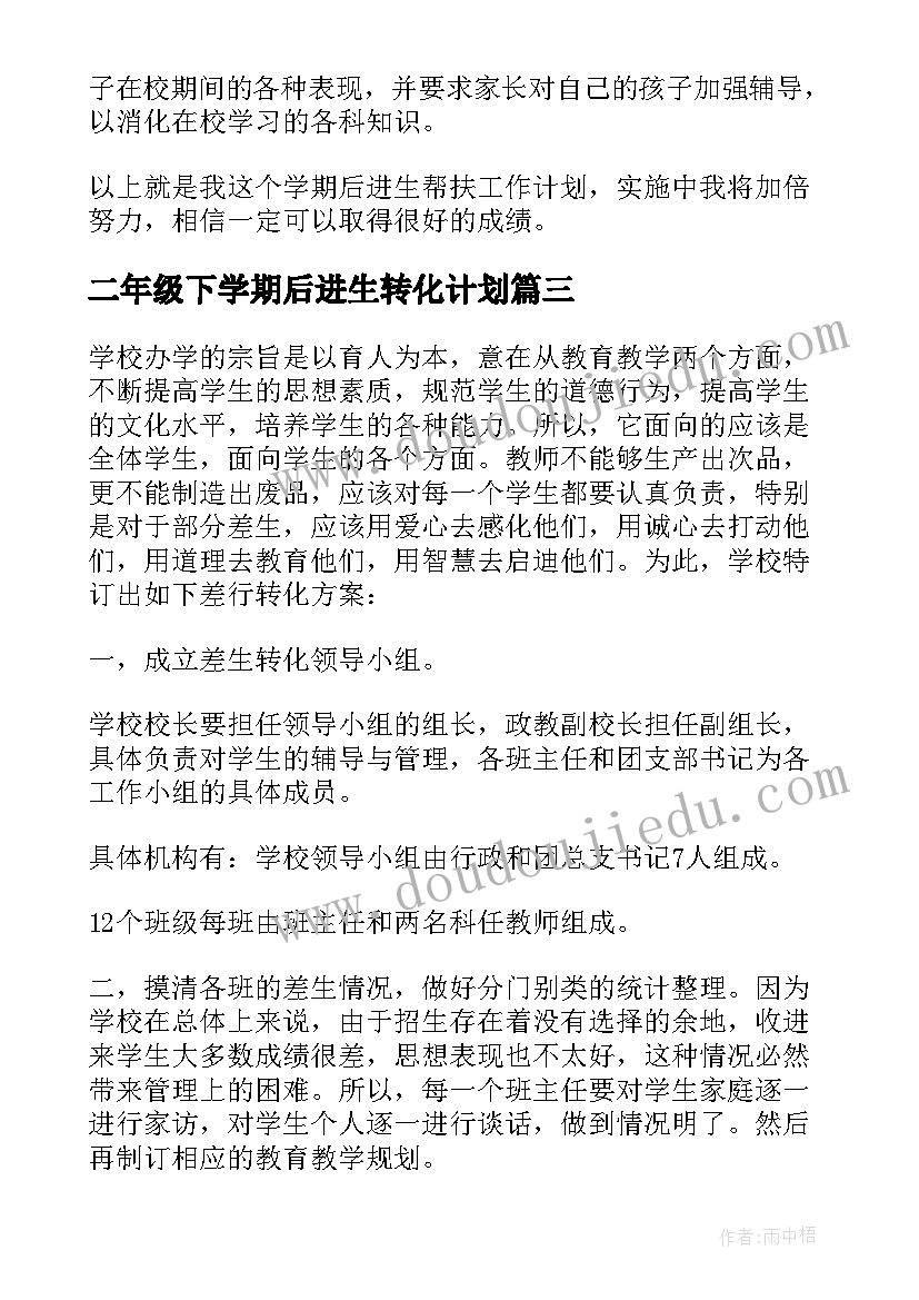 2023年二年级下学期后进生转化计划 小学后进生转化工作计划(汇总5篇)