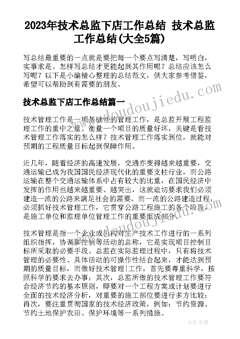 2023年技术总监下店工作总结 技术总监工作总结(大全5篇)