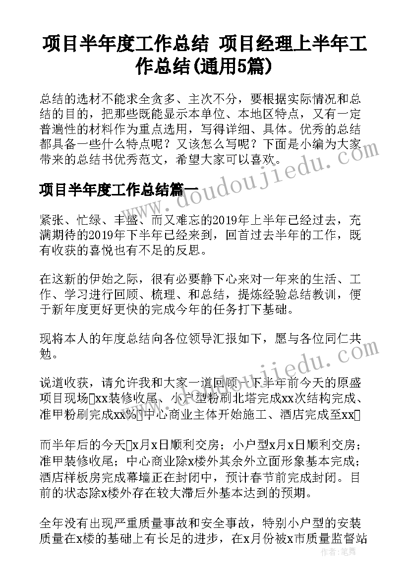 项目半年度工作总结 项目经理上半年工作总结(通用5篇)