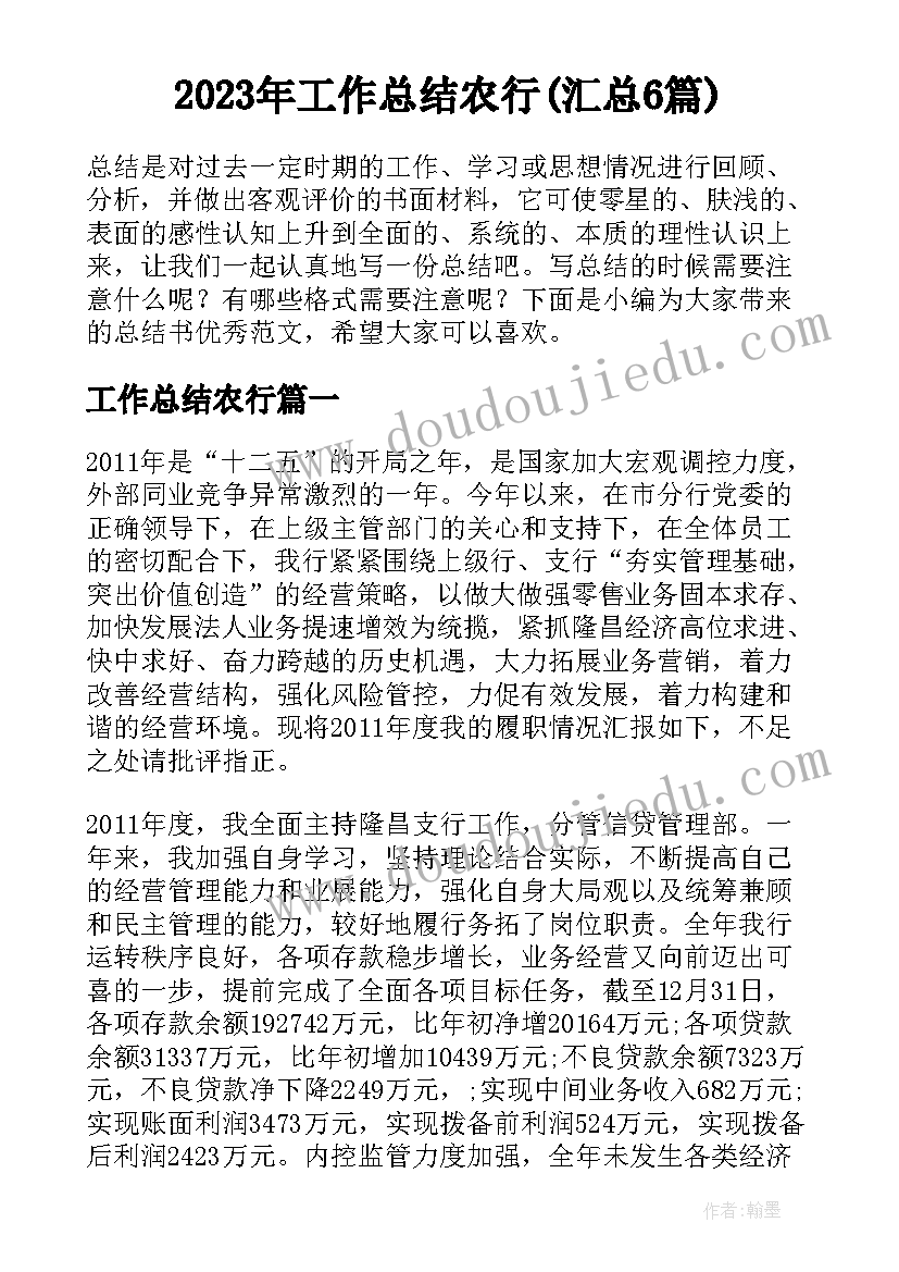 2023年工作总结农行(汇总6篇)