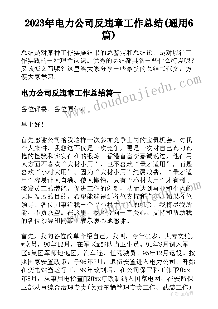 2023年电力公司反违章工作总结(通用6篇)