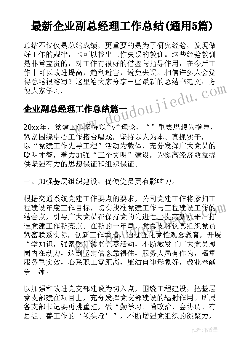 最新企业副总经理工作总结(通用5篇)