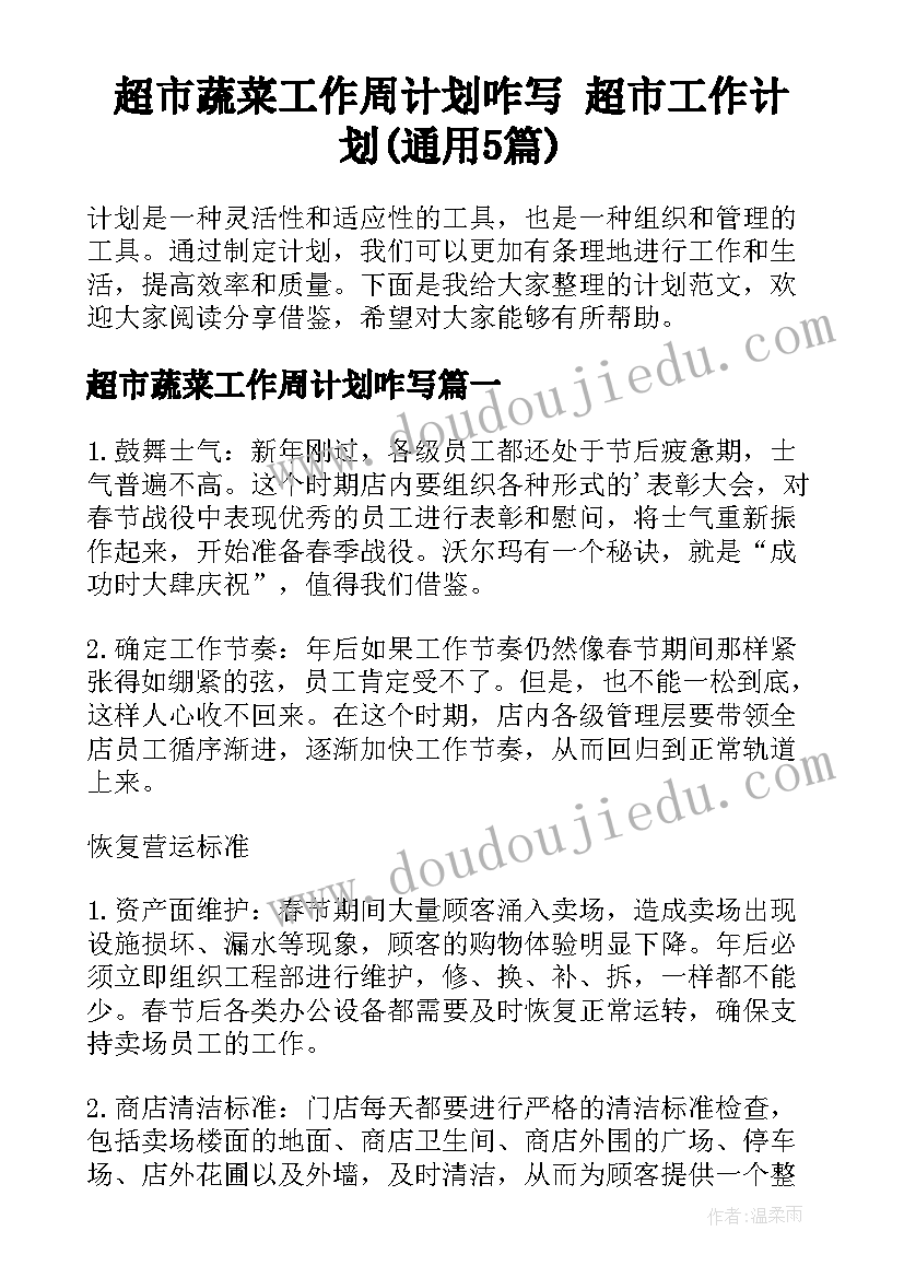 超市蔬菜工作周计划咋写 超市工作计划(通用5篇)