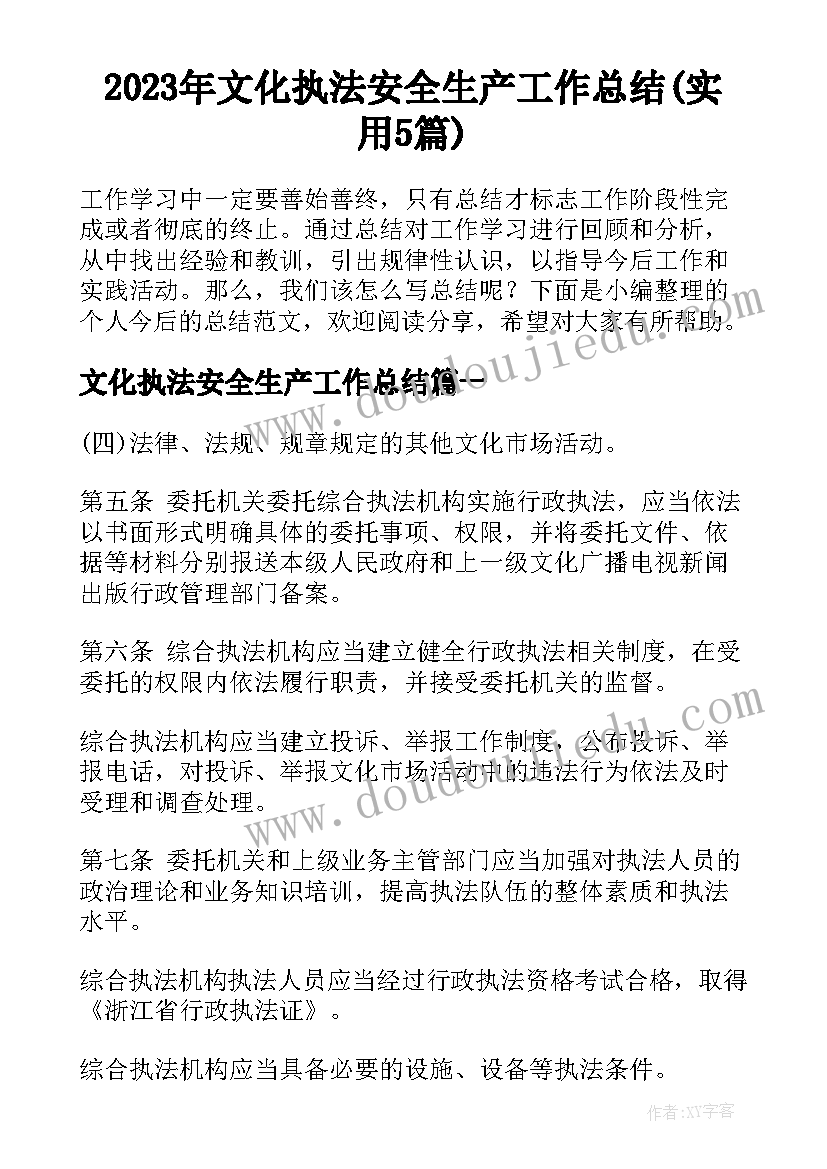 2023年文化执法安全生产工作总结(实用5篇)