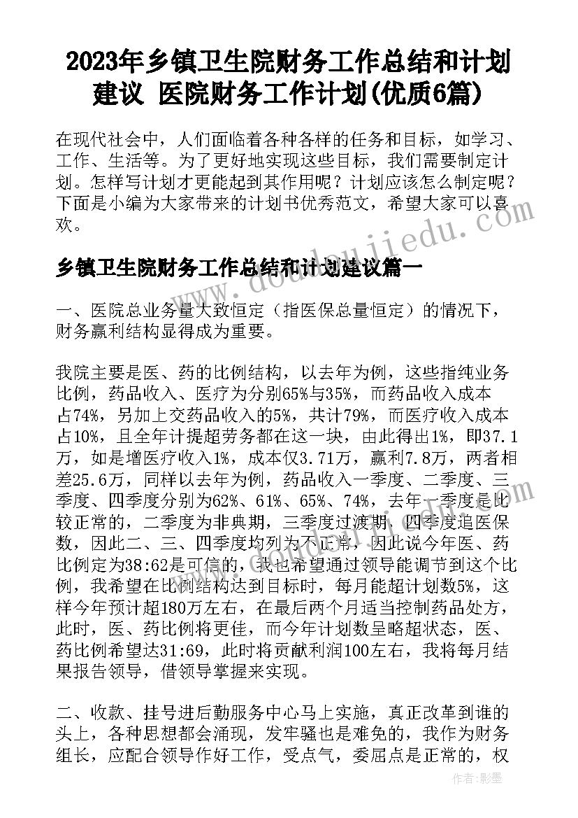 2023年乡镇卫生院财务工作总结和计划建议 医院财务工作计划(优质6篇)