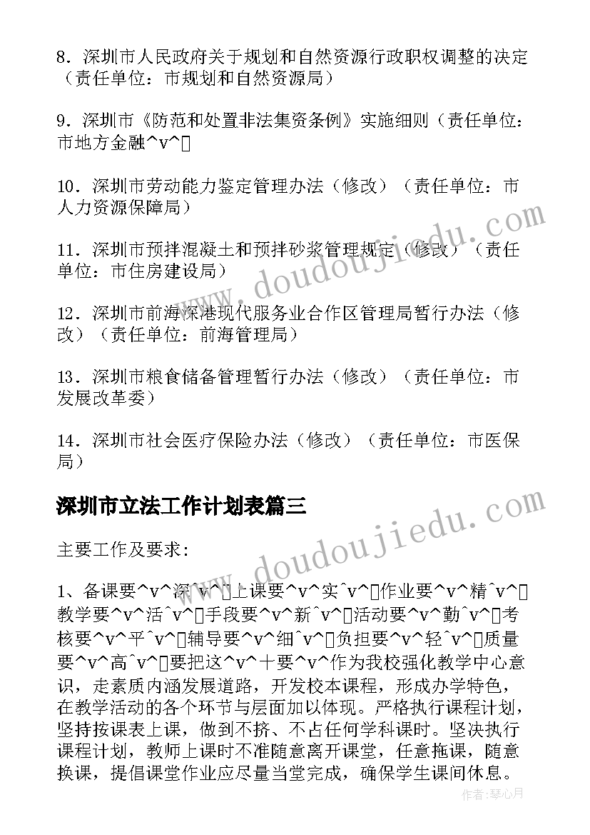 深圳市立法工作计划表(实用7篇)