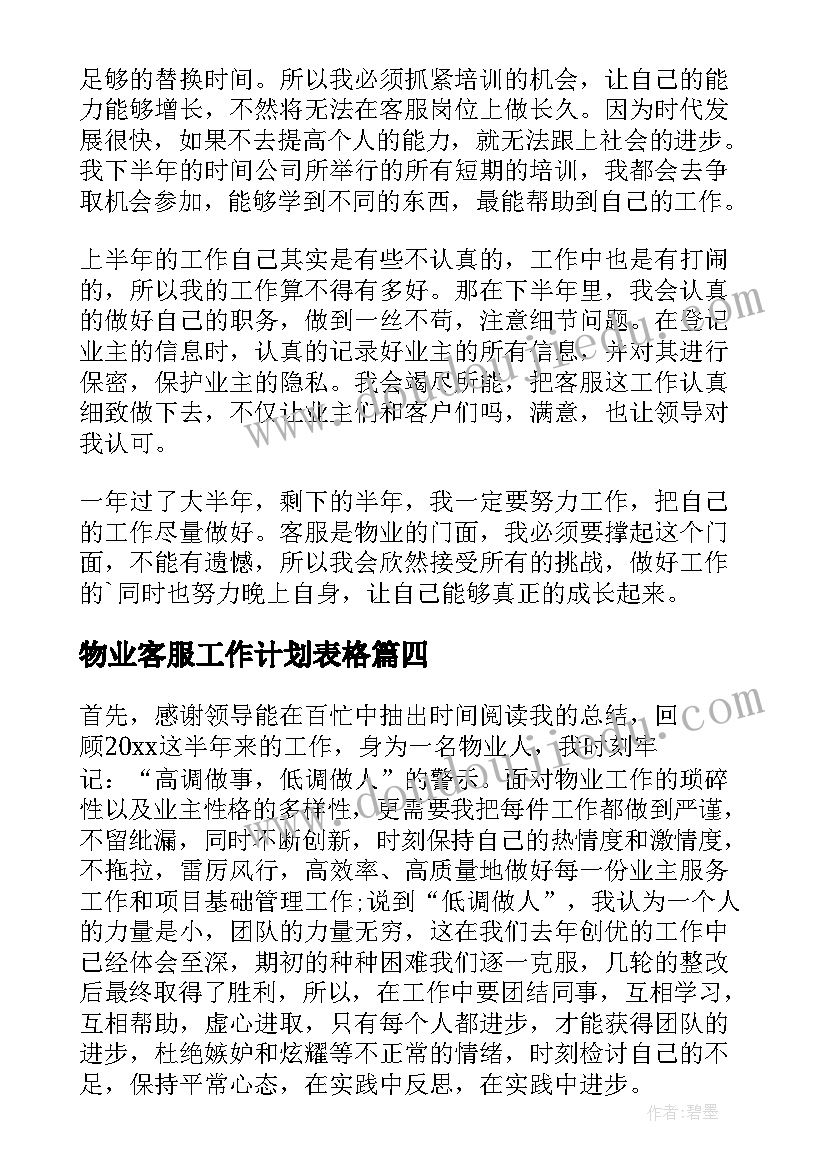 最新物业客服工作计划表格(通用6篇)