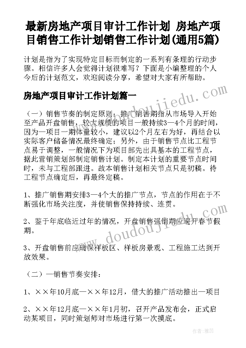 最新房地产项目审计工作计划 房地产项目销售工作计划销售工作计划(通用5篇)