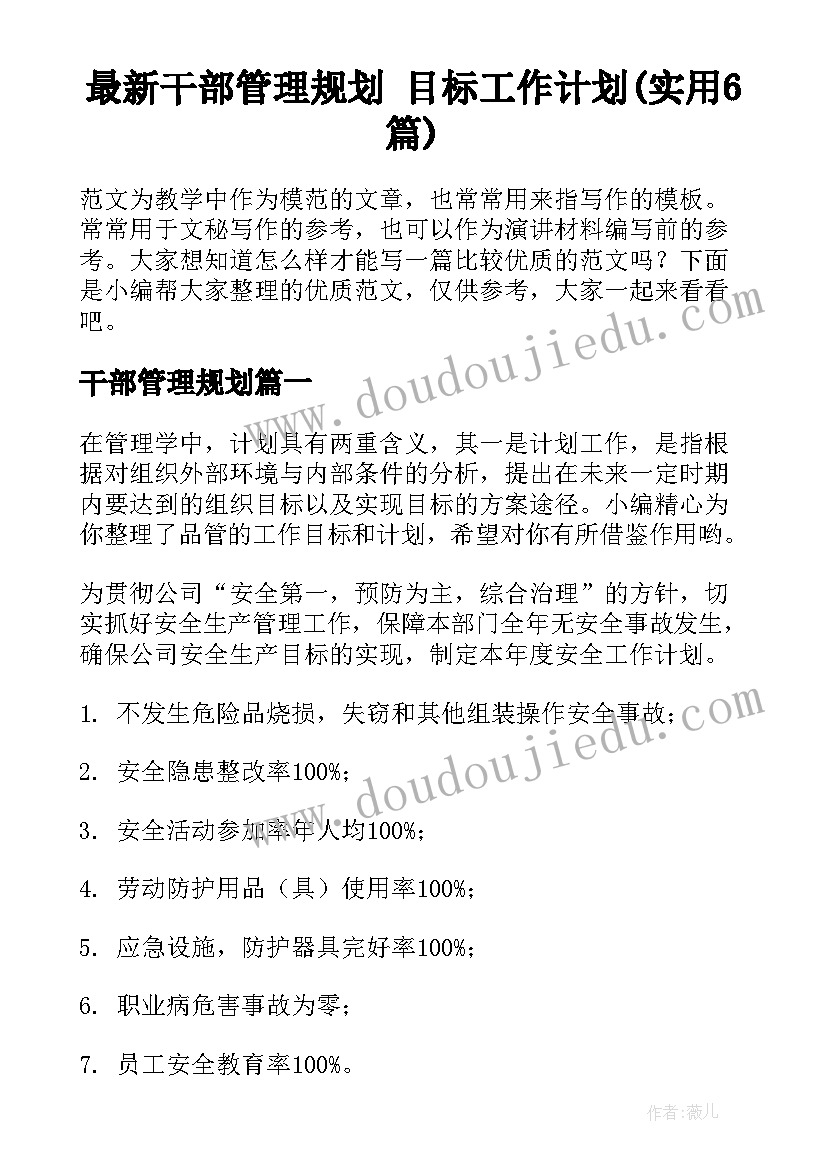 最新干部管理规划 目标工作计划(实用6篇)