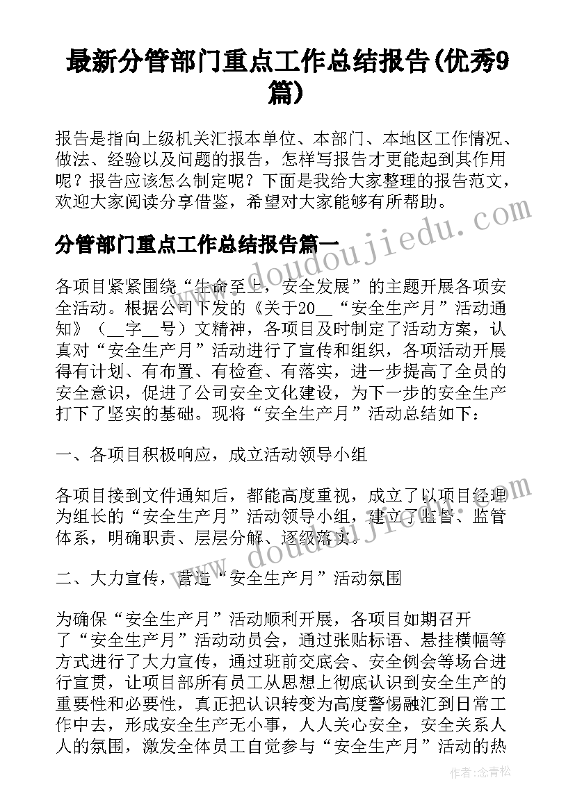 最新分管部门重点工作总结报告(优秀9篇)