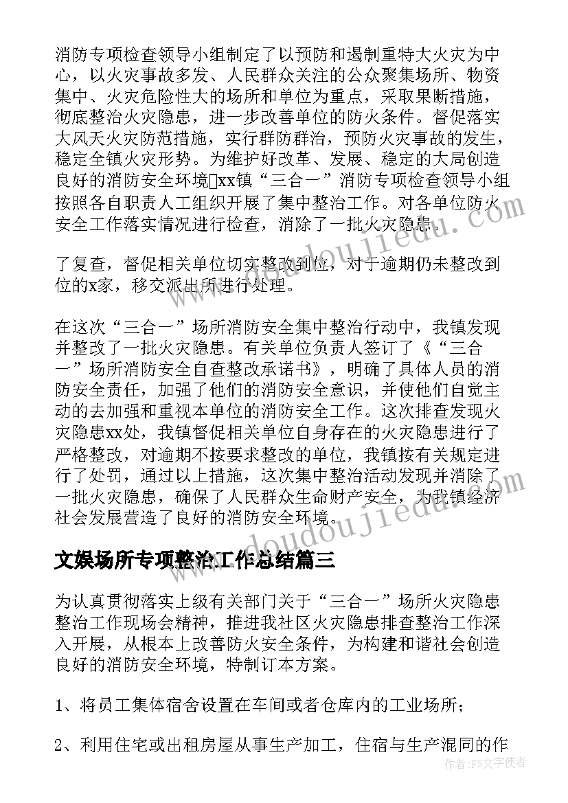 文娱场所专项整治工作总结 三合一场所专项整治工作总结(通用10篇)