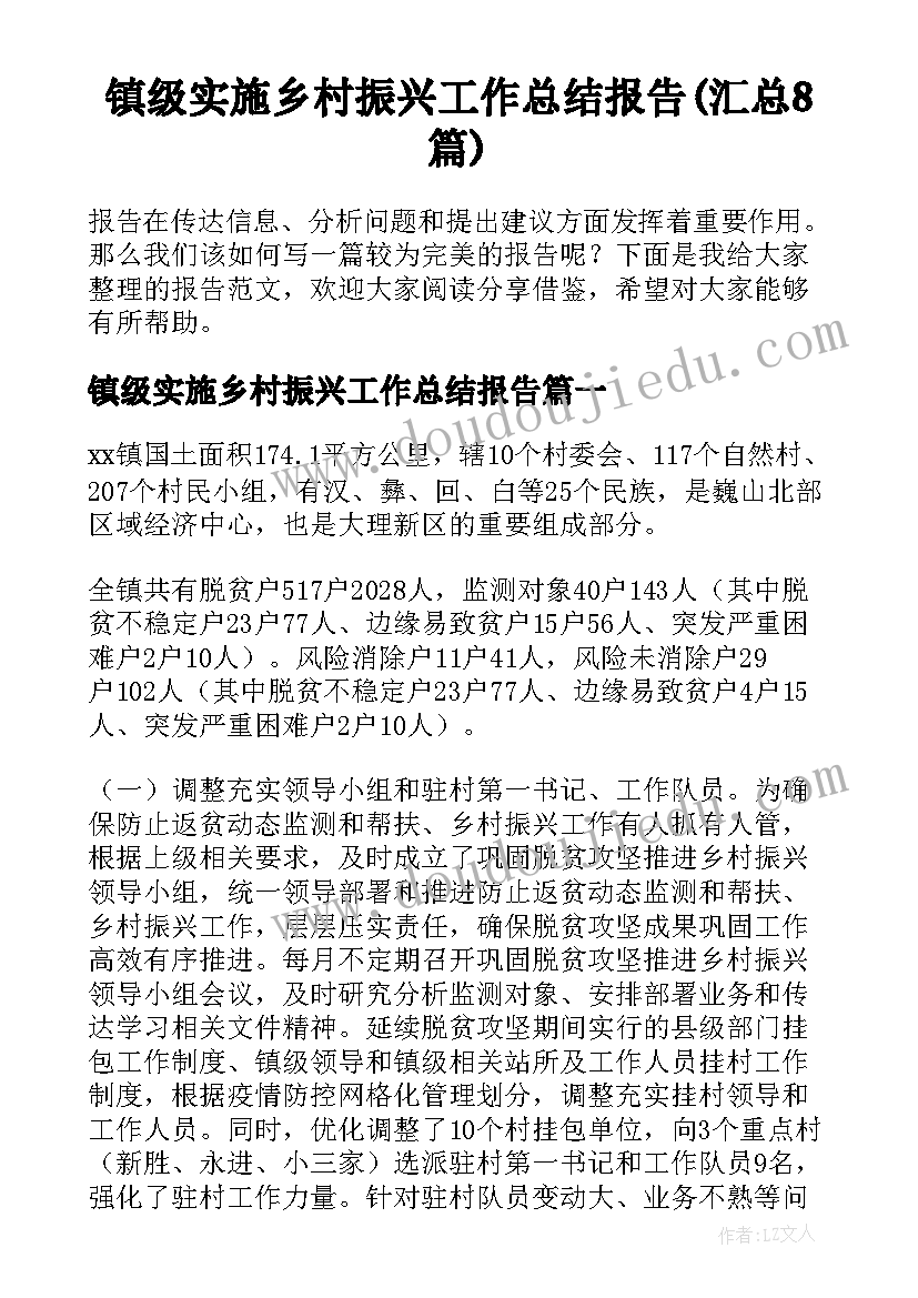 镇级实施乡村振兴工作总结报告(汇总8篇)