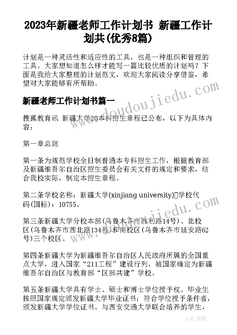 2023年新疆老师工作计划书 新疆工作计划共(优秀8篇)