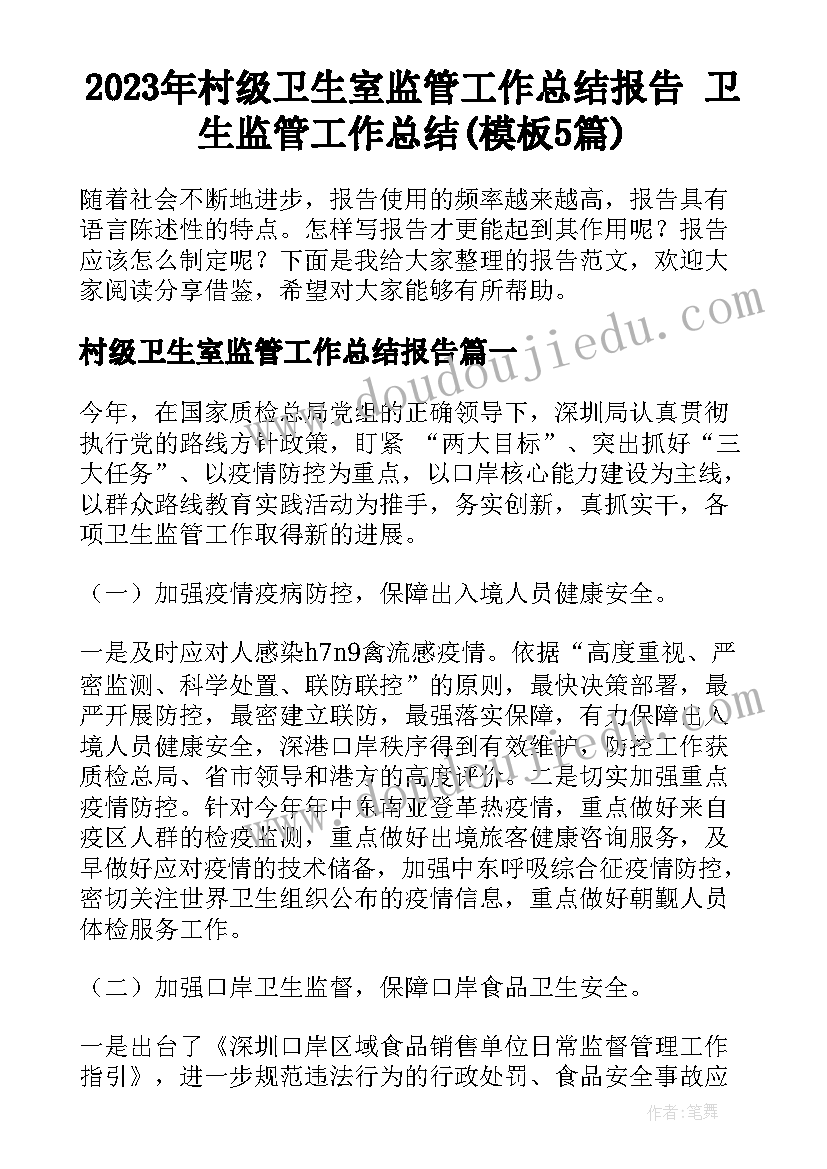 2023年村级卫生室监管工作总结报告 卫生监管工作总结(模板5篇)