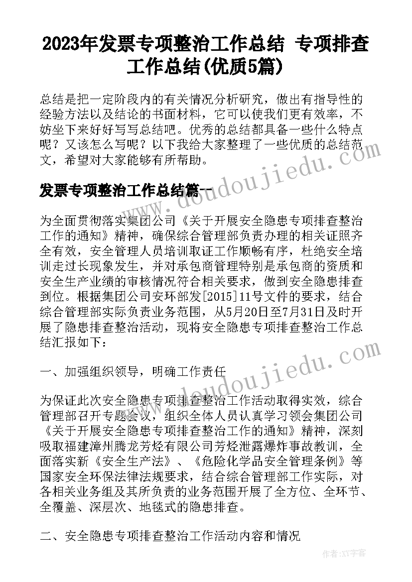 2023年发票专项整治工作总结 专项排查工作总结(优质5篇)