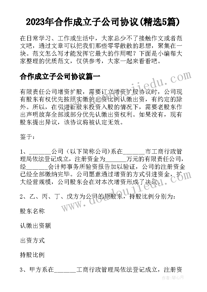 2023年合作成立子公司协议(精选5篇)