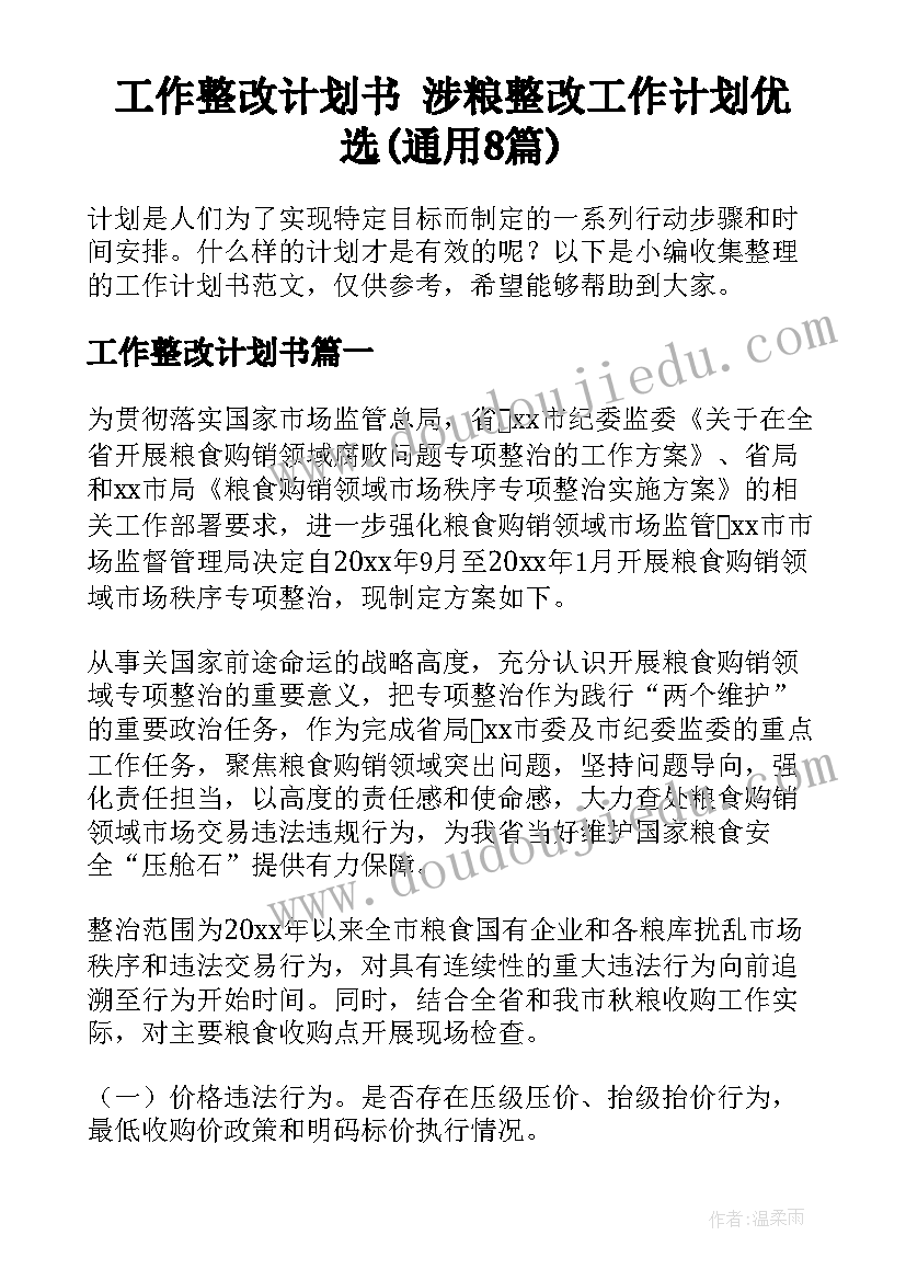 工作整改计划书 涉粮整改工作计划优选(通用8篇)