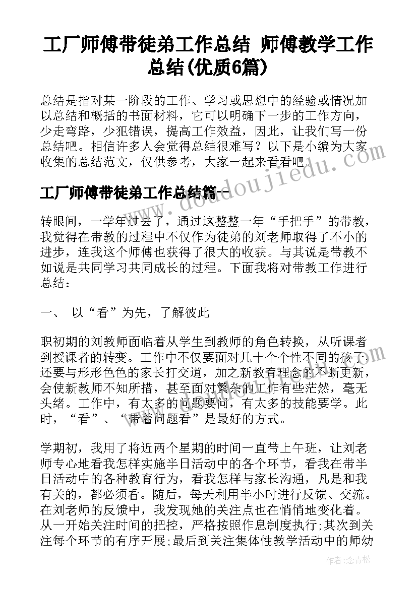 工厂师傅带徒弟工作总结 师傅教学工作总结(优质6篇)