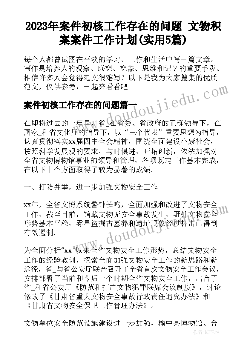 2023年案件初核工作存在的问题 文物积案案件工作计划(实用5篇)